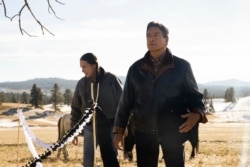 Actors Gil Birmingham (R) and Mo Brings Lightly in "vision quest" scene from the Paramount+ hit television series, "Yellowstone."