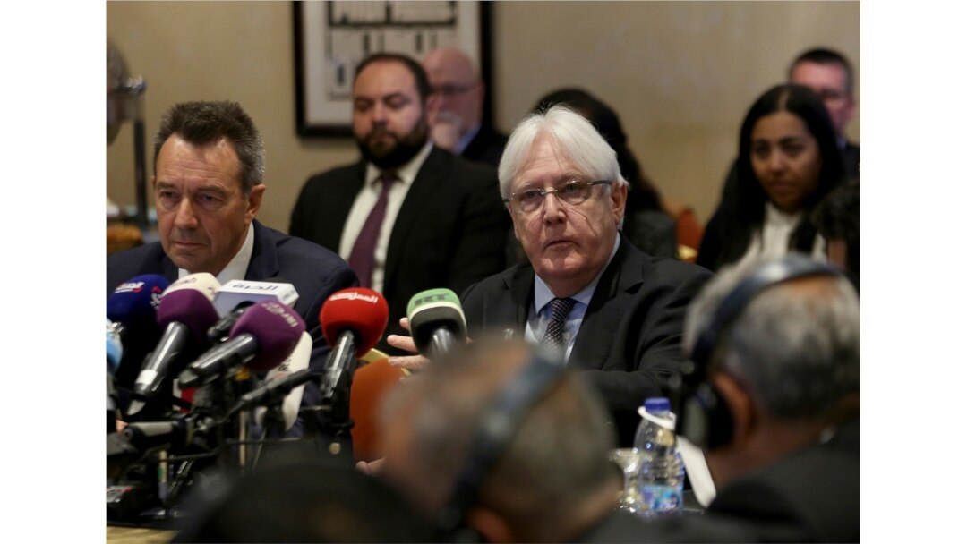 United Nations Special Envoy to Yemen Martin Griffiths, center, and President of the International Committee of the Red Cross Peter Maurer, participate in a new round of talks by Yemen's warring parties in Amman, Jordan, Feb. 5, 2020.