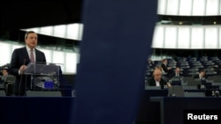 European Central Bank (ECB) President Mario Draghi delivers a speech during a debate on the ECB annual report for 2016 at the European Parliament in Strasbourg, France, Feb. 5, 2018. 