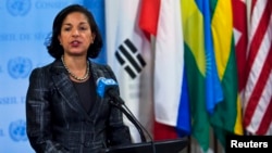 U.S. Ambassador to the United Nations Susan Rice speaks to the media at the U.N. headquarters in New York, Feb. 2013. 
