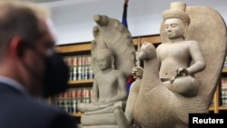 A seized 10th century Khmer sandstone statue of Skanda on a Peacock returned to Cambodia as part of 30 stolen Cambodian antiquities sold to U.S. collectors. August 8, 2022. 