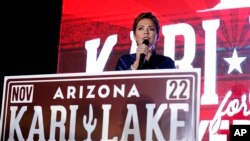 FILE: Kari Lake, Republican candidate for Arizona governor, speaks at her primary election night party, Aug. 2, 2022, in Scottsdale, Arizona.