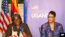 U.S. Ambassador to the United Nations Linda Thomas-Greenfield, right, speaks to the media as Natalie E. Brown , the U.S. Ambassador to Uganda, looks on at the residence of the U.S. Ambassador to Uganda, in the capital Kampala, Uganda, Aug. 4, 2022. 