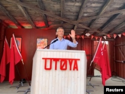 NATO Secretary General Jens Stoltenberg gives a speech to a youth camp in Utoya, Norway, Aug. 4, 2022.