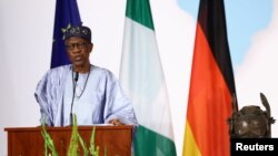 FILE - Nigeria's Culture Minister Lai Mohammed speaks during the signing ceremony of the Joint Declaration between Germany and Nigeria to transfer the ownership of the Benin bronzes, in Berlin. Taken 7.1.2022