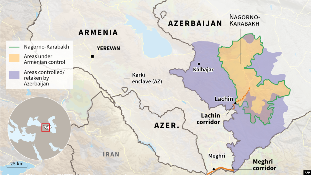 د نګورنو قراباخ سيمه ټول په ټوله د ازربايجان دننه ده خو اکثريت ابادي يې په قوم ارمينيايي وګړي دي. د کال 1994 راهسې دا سیمه د ارمينيانو په ولقه کې ده. د سيمې لږه برخه ازربايجان د کال 2020 د جګړې وروستو نيولې او روسي امن ساتونکي ځواکونه په کې ځای په ځای کړل شول