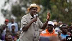 Kenyan opposition leader Raila Odinga addresses a crowd of his supporters in the Kibera area of Nairobi, Kenya, Sept. 2, 2017.