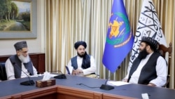 Taliban acting Minister of Refugees and Repatriation Affairs Mawlawi Abdul Kabir, far right, meets Pakistani Charge d'Affaires Ubaid Ur Rehman Nizamani, far left. (Photo issued by the Afghan Taliban's Ministry of Refugees and Repatriation Affairs on X)