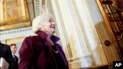 Federal Reserve Chair Janet Yellen departs a Financial Stability Oversight Council meeting at the Treasury Department in Washington, May 19, 2015.