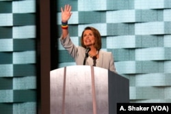FILE - Nancy Pelosi addresses the fourth night of the Democratic National Convention in Philadelphia, July 28, 2016. (A. Shaker/VOA)