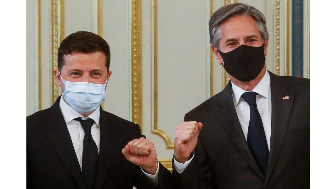 FILE - U.S. Secretary of State Antony Blinken and Ukrainian President Volodymyr Zelenskiy meet in Kyiv, Ukraine, May 6, 2021.