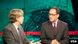 Host Mil Arcega and Jeff Young, VOA's corruption correspondent, on the set of The Correspondents