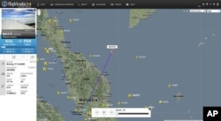 This screengrab from flightradar24.com shows the last reported position of Malaysian Airlines flight MH370, Mar. 7, 2014.