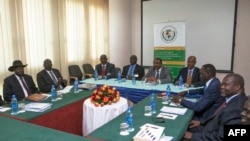FILE - Ethiopian Prime Minister Hailemariam Desalegn (C), South Sudan's President Salva Kiir (L) and South Sudan rebel chief Riek Machar (R) attend a meeting in Addis Ababa, March 3, 2015.