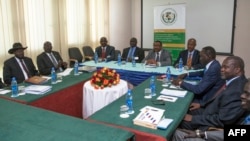 Ethiopian Prime Minister Hailemariam Desalegn (C), South Sudan's President Salva Kiir (L) and South Sudan rebel chief Riek Machar (R) attend a meeting in Addis Ababa, March 3, 2015, as part of the latest round of peace talks to end over 14 months of conflct.