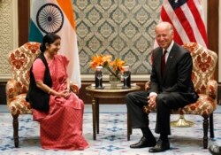 U.S. Vice President Joe Biden (R) and Sushma Swaraj, a leader of India's main opposition Bharatiya Janata Party (BJP), smile as they pose before their meeting in New Delhi July 23, 2013. U.S. business groups on Monday urged Biden to press India's leaders