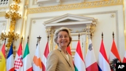 European Commission President Ursula von der Leyen arrives for a round table meeting at an EU Summit in Prague, Czech Republic, on Oct 7, 2022. (AP Photo/Petr David Josek, File)