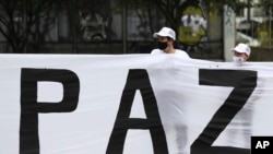 ARCHIVO - Excombatientes de las disueltas FARC y activistas sociales participan en una marcha para exigir al gobierno que garantice su derecho a la vida y el cumplimiento del acuerdo de paz de 2016, en Bogotá, Colombia.