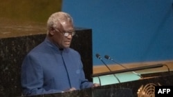 FILE - Solomon Islands Prime Minister Manasseh Sogavare addresses the United Nations General Assembly at UN headquarters in New York City on Sept. 23, 2022.