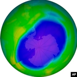 In this NASA false-color image, the blue and purple shows the hole in Earth's protective ozone layer over Antarctica on Oct. 5, 2022. (NASA via AP)