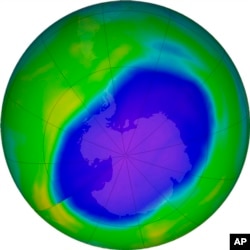 In this NASA false-color image, the blue and purple shows the hole in Earth's protective ozone layer over Antarctica on Oct. 5, 2022.