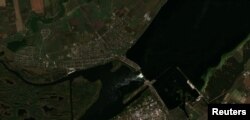 A satellite image shows a view of the location of the Kakhovka dam and the surrounding region in Kherson Oblast, Ukraine, Oct. 18, 2022.
