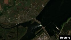 A satellite image shows a view of the location of the Kakhovka dam and the surrounding region in Kherson Oblast, Ukraine, Oct. 18, 2022.
