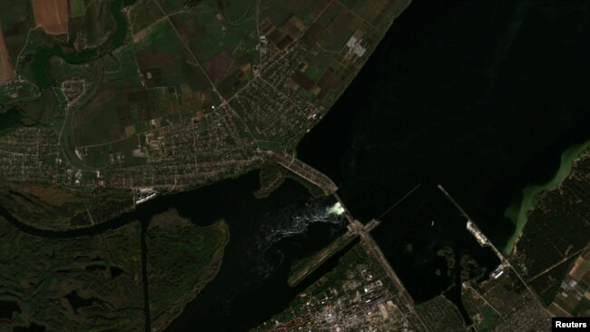 A satellite image shows a view of the location of the Kakhovka dam and the surrounding region in Kherson Oblast, Ukraine, Oct. 18, 2022.