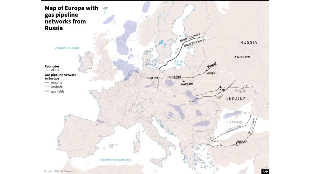 Mapa Evrope sa gasovodima iz Rusije