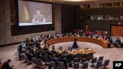 Ukraine President Volodymyr Zelenskyy addresses the United Nations Security Council by video, Sept. 27, 2022, at U.N. headquarters.