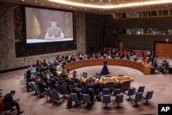 Ukraine President Volodymyr Zelenskyy addresses the United Nations Security Council by video, Sept. 27, 2022, at U.N. headquarters.