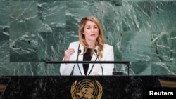 FILE - Canada's Minister of Foreign Affairs Melanie Joly addresses the 77th Session of the United Nations General Assembly in New York, Sept. 26, 2022. On Thursday, she will host a virtual meeting of female foreign ministers to discuss Iran’s crackdown against protesters.