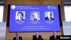 Jonas Aqvist, Chairman of the Nobel Committee for Chemistry, Hans Ellegren, Secretary-General of the Royal Swedish Academy of Sciences and Olof Ramstrom announce winners of the 2022 Nobel Prize in Chemistry. (TT News Agency/Christine Olsson via Reuters)