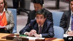 Japan's United Nations Ambassador, Kimihiro Ishikane, address a U.N. Security Council meeting to discuss North Korea's ballistic missile test, Oct. 5, 2022 at U.N. headquarters. 