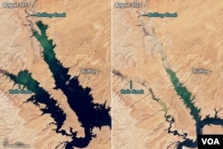 La NASA difundió semanas atrás imágenes comparativas tomadas desde satélite del Lago Powell ubicado entre los estados de Arizona y Utah para evidenciar el impacto de la sequía en el afluente.  (Foto NASA / Cortesía)