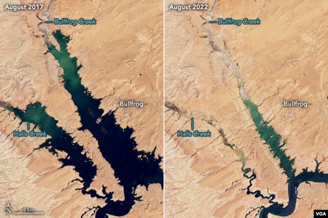 La NASA difundió semanas atrás imágenes comparativas tomadas desde satélite del Lago Powell ubicado entre los estados de Arizona y Utah para evidenciar el impacto de las sequía en el afluente. (Foto NASA / Cortesía)