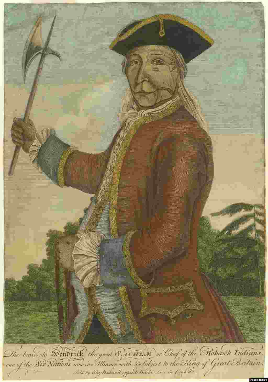 A tinted engraving of Mohawk leader Hendrick Theyanoguin published in London in 1755. His face is tattooed and he holds a strand of wampum.