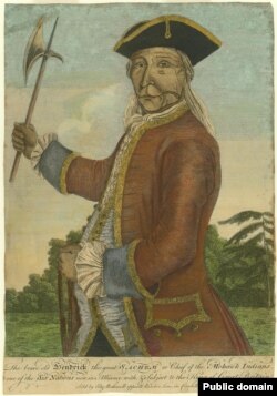 A tinted engraving of Mohawk leader Hendrick Theyanoguin published in London in 1755. His face is tattooed and he holds a strand of wampum.