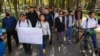 People march in support of independent media in Bishkek, Kyrgyzstan, Oct. 14, 2022. (RFE/RL)