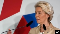 FILE - European Commission President Ursula von der Leyen speaks in Prague, Czech Republic, Oct 7, 2022. Von der Leyen said Wednesday that the EU is considering new sanctions against Russia and other countries providing goods Moscow is using in its war on Ukraine.