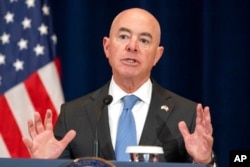 FILE - Homeland Security Secretary Alejandro Mayorkas speaks during a news conference at the State Department, Oct. 13, 2022.