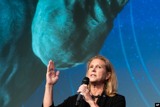 NASA Planetary Science Division director Lori Glaze speaks during a media briefing about the agency's recently completed Double Asteroid Redirection Test (DART), at NASA headquarters Tuesday, Oct. 11, 2022, in Washington. (AP Photo/Alex Brandon)