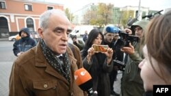 Yan Rachinsky, one of the founders of the Memorial human rights group, meets with the media after the group was co-awarded the 2022 Nobel Peace Prize, in Moscow on Oct. 7, 2022.