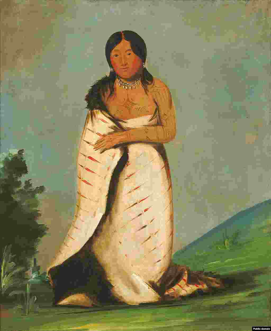Hee-láh-dee, ("Pure Fountain), wife of Ponca leader Shoo-de-gá-cha ("The Smoke)" painted by George Catlin, 1832. 