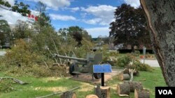 Cleanup has begun with debris left by Hurricane Fiona at the Royal Artillery Park military base in Halifax, Nova Scotia. (Jay Heisler/VOA)