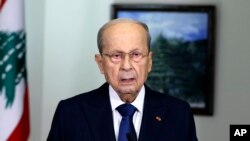 FILE - Lebanese President Michel Aoun addresses a speech on the maritime border agreement between Lebanon and Israel in the presidential palace, in Baabda, east of Beirut, Lebanon, Oct. 13, 2022. Aoun leaves office on Oct. 29, 2022.