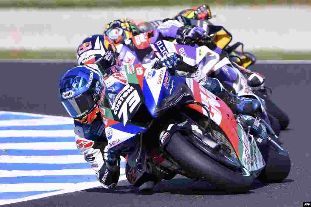 LCR Honda Castrol's Spanish rider Alex Marquez leads a pack of riders during the MotoGP first free practice session in Phillip Island, ahead of Australian MotoGP Grand Prix.