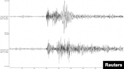 A reading from a seismograph on the Danish island of Bornholm shows two spikes, at 0003 and 1700 GMT, followed by a lower-level "hissing" on the day when the Nord Stream 1 and 2 Baltic gas pipelines sprang leaks one after the other. (German Centre for Georesearch/Handout via Reuters)