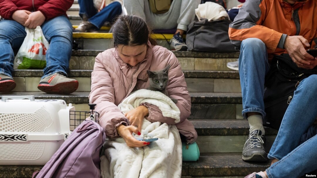 Seorang prempuan dan kucing peliharaannya berlindung di sebuah stasiun kereta bawah tanah di Kyiv menyusul serangan rudal yang dilakukan Rusia di kota tersebut, pada 11 Oktober 2022. (Foto: Reuters/Viacheslav Ratynskyi)