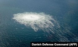 The gas leak at the Nord Stream 2 gas pipeline as it is seen from the Danish Defense's F-16 rejection response off the Danish Baltic island of Bornholm, south of Dueodde, Sept. 27, 2022.